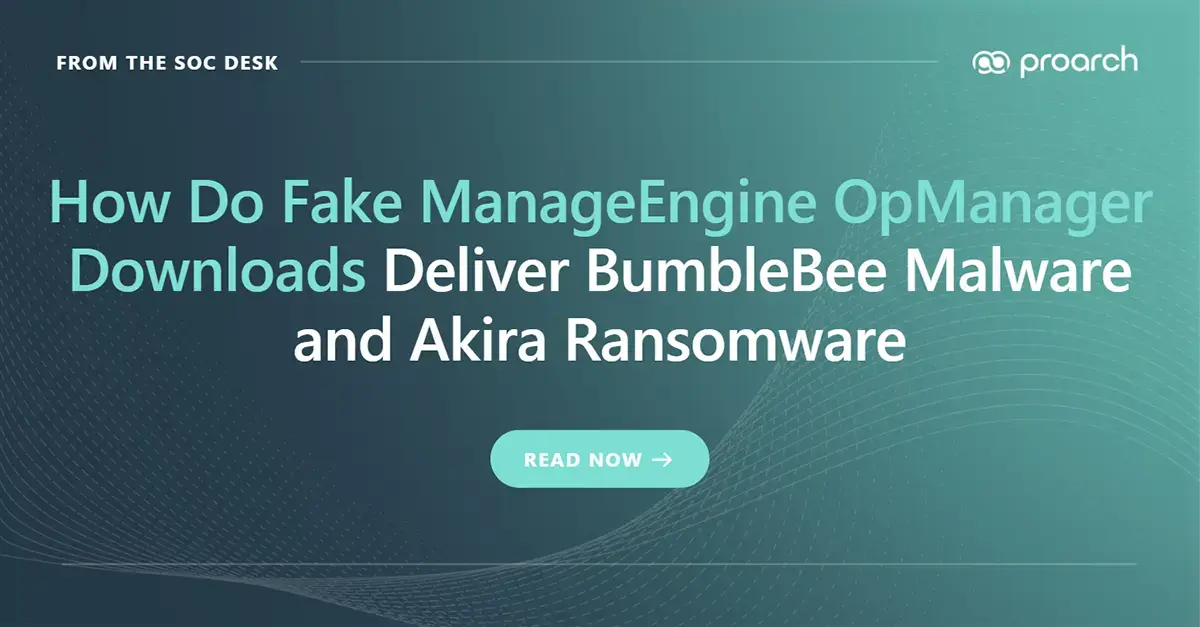 Attack chain showing how fake ManageEngine OpManager downloads use SEO poisoning to deliver BumbleBee malware, establish persistence, exfiltrate data, and deploy Akira ransomware